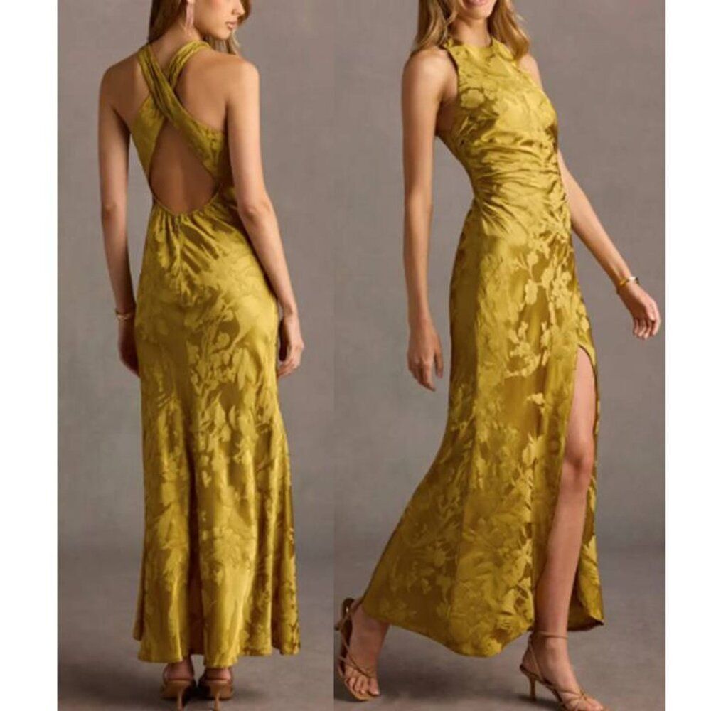 Women's Elegant Open Back Maxi Dress Camelia Jacquard Jade Formal Evening